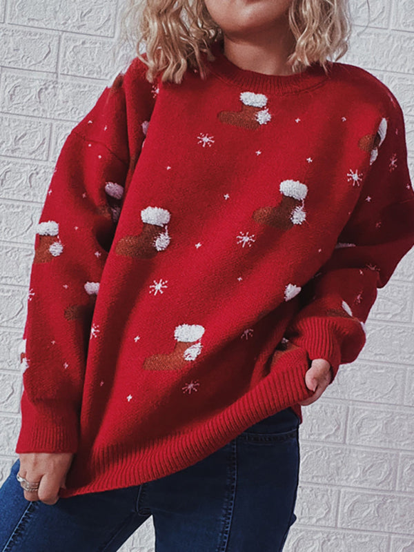 Women's Round Neck Long Sleeve Christmas Sweater Christmas Socks Jacquard Thickened Pullover-[Adult]-[Female]-Red-S-2022 Online Blue Zone Planet