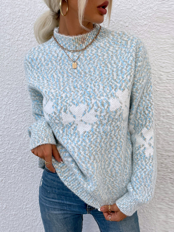 Women's Casual Half Turtleneck Snowflake Knit Christmas Sweater-[Adult]-[Female]-2022 Online Blue Zone Planet