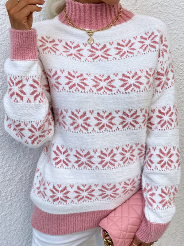 Women's Knitted Half Turtleneck Christmas Snowflake Sweater-[Adult]-[Female]-Pink-S-2022 Online Blue Zone Planet