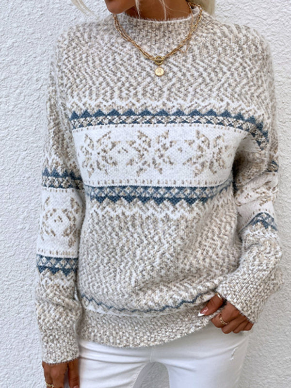 Women's Knitted Half Turtleneck Snowflake Christmas Sweater-[Adult]-[Female]-2022 Online Blue Zone Planet