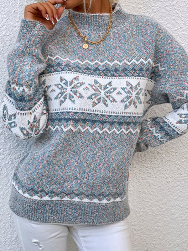 Women's Knitted Half Turtleneck Snowflake Christmas Sweater-[Adult]-[Female]-2022 Online Blue Zone Planet