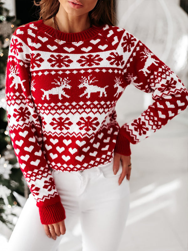 Women's Christmas Elk Long Sleeve Knit Sweater-[Adult]-[Female]-Red-S-2022 Online Blue Zone Planet