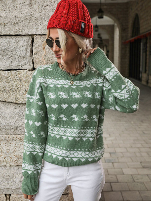 Women's Pullover Knit Contrast Jacquard Christmas Sweater-[Adult]-[Female]-2022 Online Blue Zone Planet