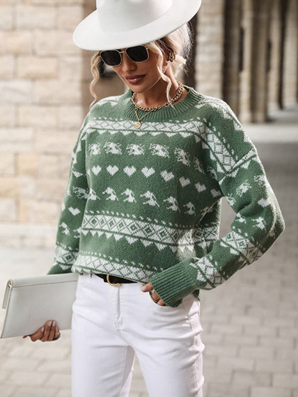 Women's Pullover Knit Contrast Jacquard Christmas Sweater-[Adult]-[Female]-2022 Online Blue Zone Planet