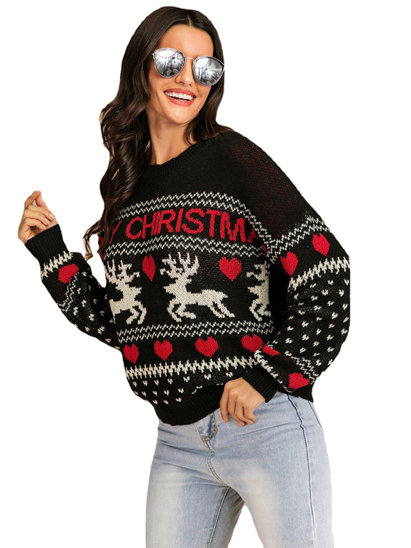 Women's Christmas Reindeer Contrast Crew Neck Jacquard Knit Sweater-[Adult]-[Female]-Black-S-2022 Online Blue Zone Planet