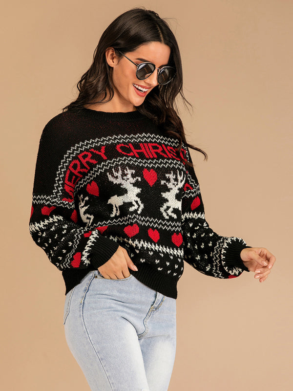 Women's Christmas Reindeer Contrast Crew Neck Jacquard Knit Sweater-[Adult]-[Female]-2022 Online Blue Zone Planet