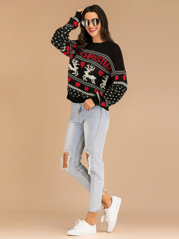 Women's Christmas Reindeer Contrast Crew Neck Jacquard Knit Sweater-[Adult]-[Female]-2022 Online Blue Zone Planet