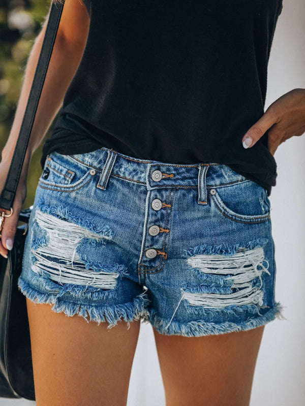 Independence Day Flag Print Destroyed Denim Shorts-[Adult]-[Female]-2022 Online Blue Zone Planet