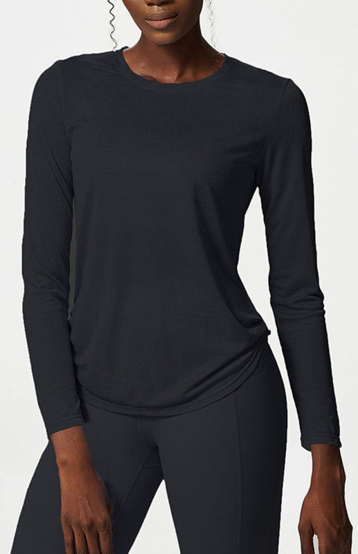 Women's Round Neck Curved Hem Long Sleeve Sports Top Quick Dry Breathable Yoga Cover Up-[Adult]-[Female]-Black-S-2022 Online Blue Zone Planet