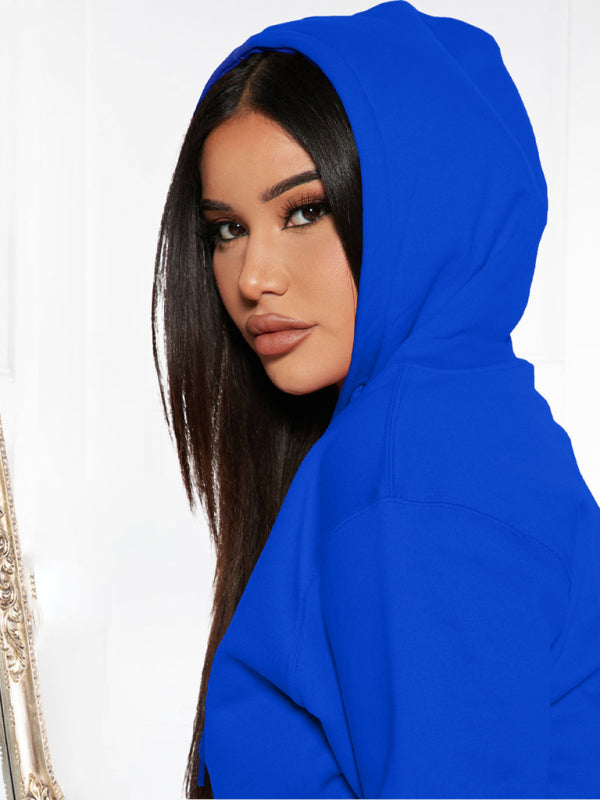 Blue Zone Planet | solid color casual sweater hooded sports top and bottom suit-TOPS / DRESSES-[Adult]-[Female]-Black-S-2022 Online Blue Zone Planet