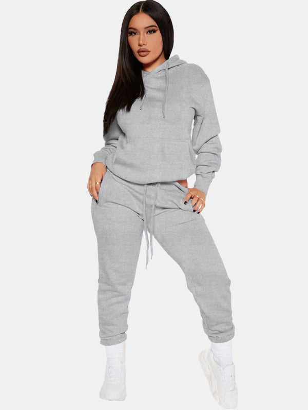 Blue Zone Planet | solid color casual sweater hooded sports top and bottom suit-TOPS / DRESSES-[Adult]-[Female]-Grey-S-2022 Online Blue Zone Planet