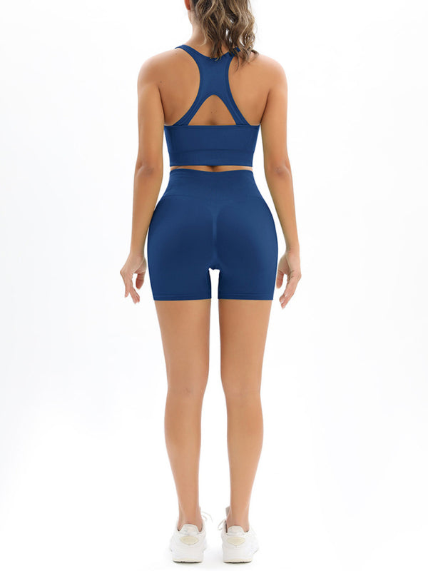 Beautiful Back High Waist Peach Hip Seamless Knitted Tank Top Shorts Two-Piece Set BLUE ZONE PLANET