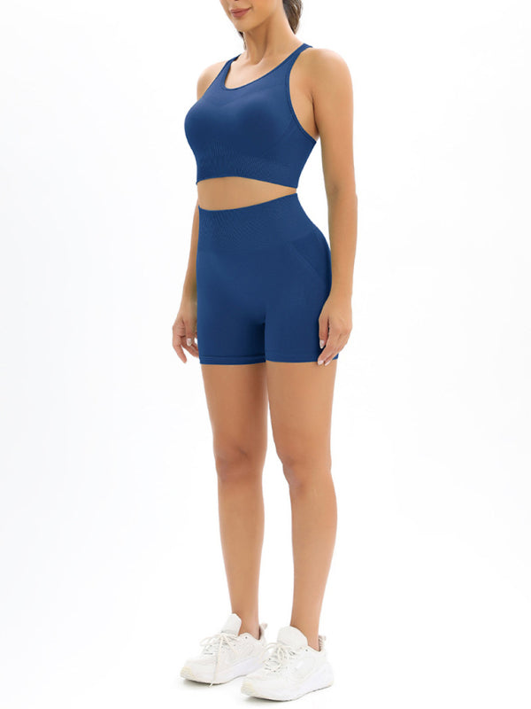 Beautiful Back High Waist Peach Hip Seamless Knitted Tank Top Shorts Two-Piece Set BLUE ZONE PLANET