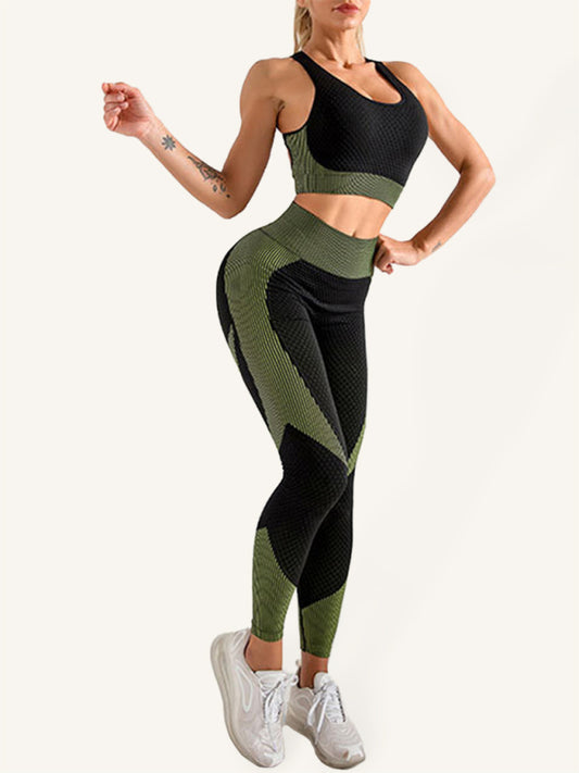 Halter Neck Yoga Tank Top + High Waist Tight Yoga Pants Two-Piece Set-[Adult]-[Female]-Olive green-S-2022 Online Blue Zone Planet