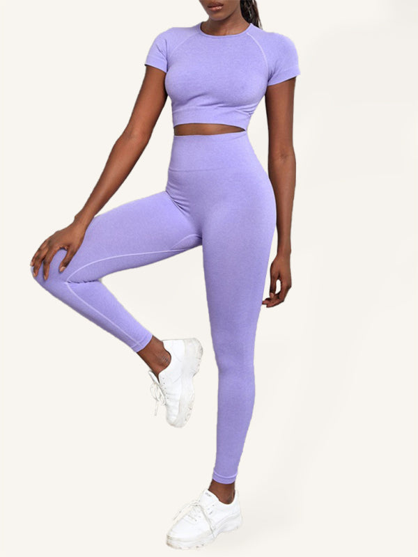 Women's Solid Color Seamless Exercise Yoga Short Sleeve + Pants Two-Piece Suit-[Adult]-[Female]-Purple-S-2022 Online Blue Zone Planet