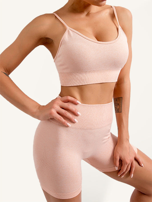 Women's Solid Color Seamless Camisole Yoga Sports Bra + Shorts Two-Piece Set
