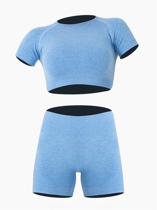 Women's Solid Color Quick Dry Seamless Yoga Short Sleeve + Shorts Two-Piece Suit-[Adult]-[Female]-2022 Online Blue Zone Planet