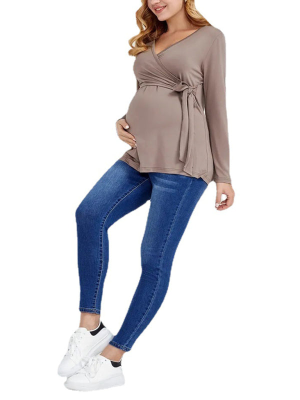 Blue Zone Planet |  European and American solid color nursing V-neck long-sleeved maternity dress kakaclo