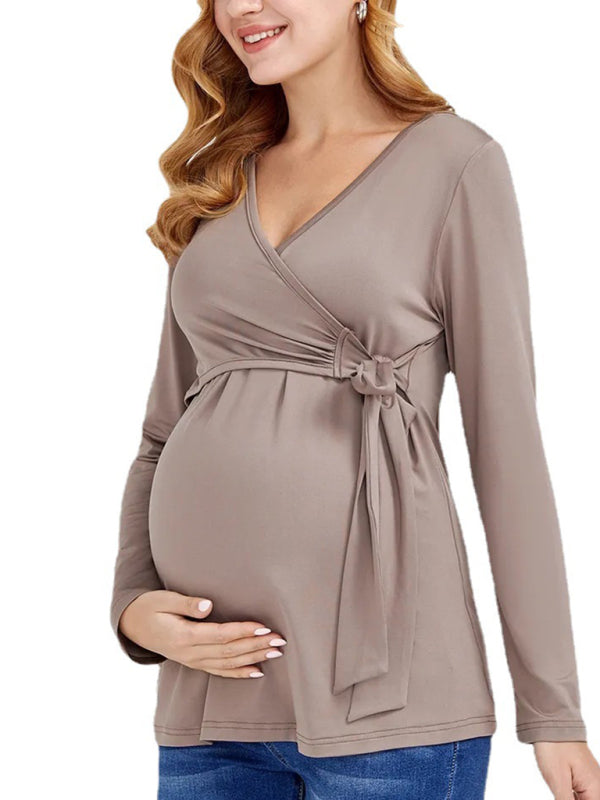 Blue Zone Planet |  European and American solid color nursing V-neck long-sleeved maternity dress kakaclo