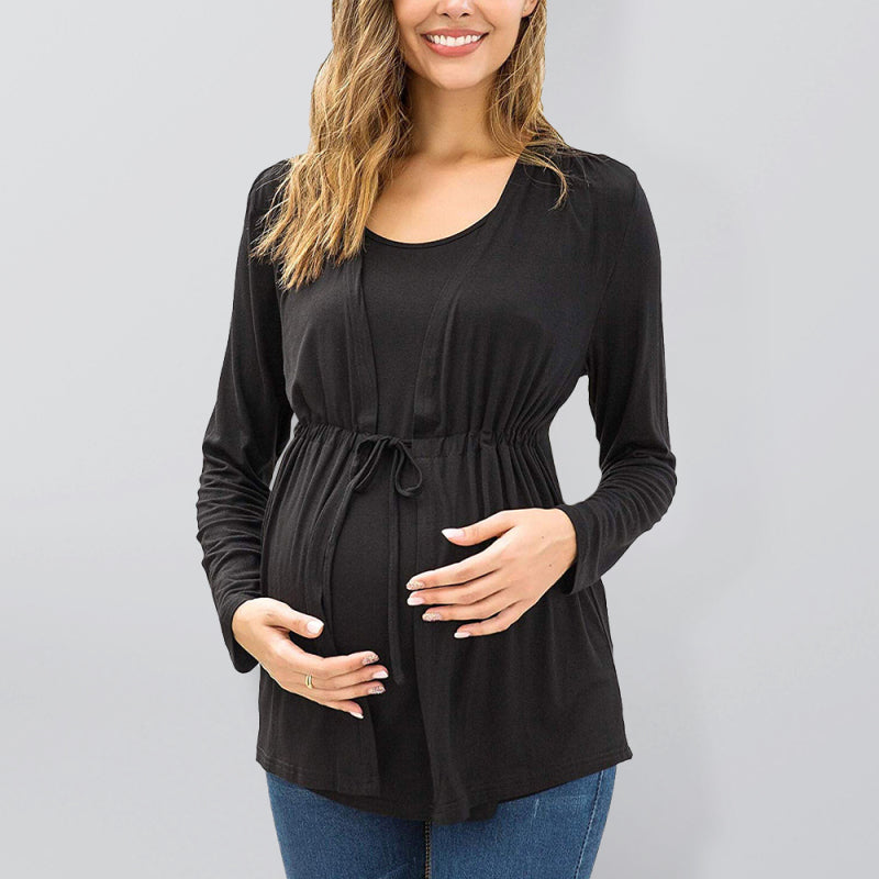 Blue Zone Planet |  Long Sleeve Tie Breastfeeding Maternity Round Neck Top BLUE ZONE PLANET