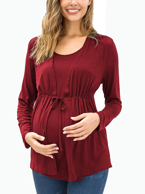 Blue Zone Planet |  Long Sleeve Tie Breastfeeding Maternity Round Neck Top BLUE ZONE PLANET