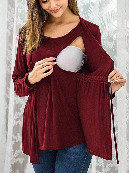 Blue Zone Planet |  Long Sleeve Tie Breastfeeding Maternity Round Neck Top BLUE ZONE PLANET