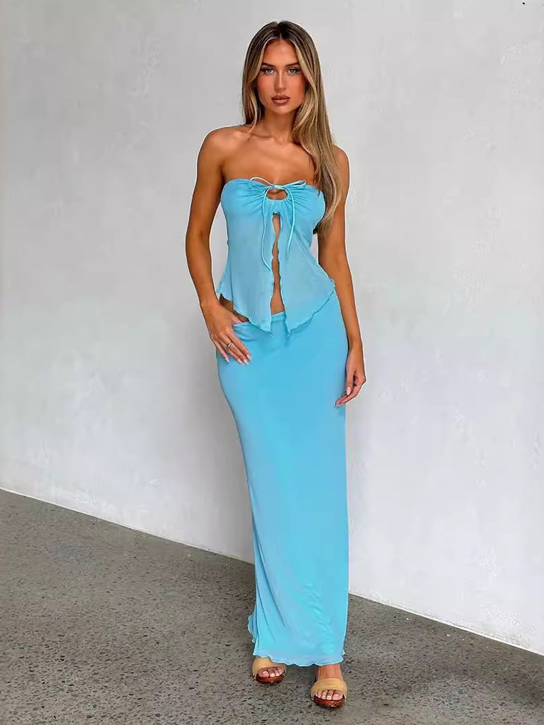 Blue Zone Planet | Strapless mesh navel-baring vest hip-wrapped long skirt two-piece set-[Adult]-[Female]-2022 Online Blue Zone Planet