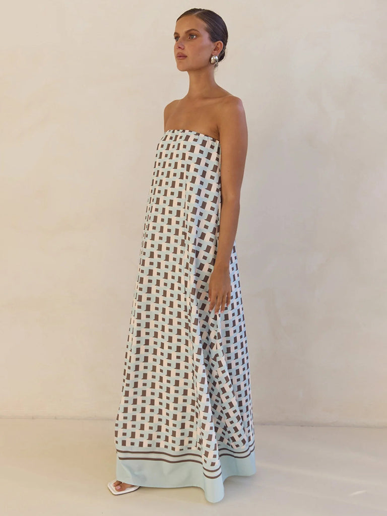 Tina's Strapless Off-shoulder Brown Checkered Print Floor Length Dress-TOPS / DRESSES-[Adult]-[Female]-2022 Online Blue Zone Planet