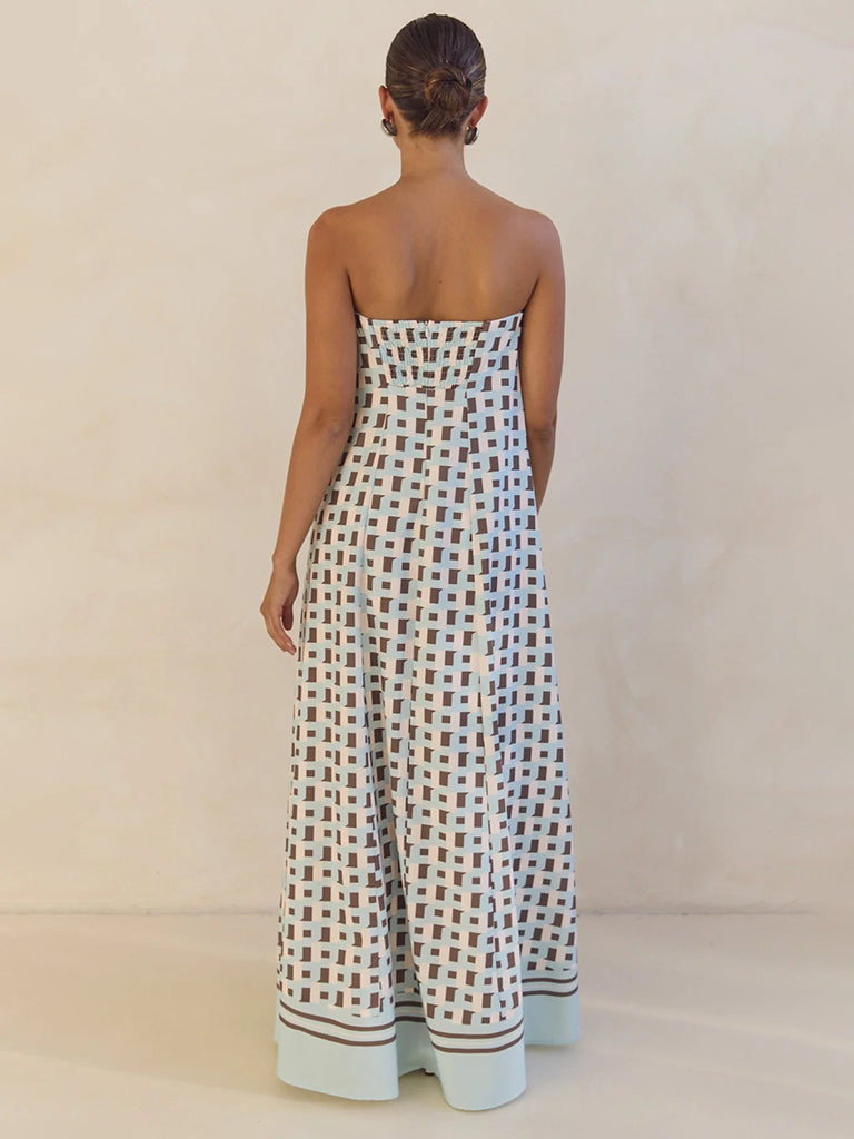 Tina's Strapless Off-shoulder Brown Checkered Print Floor Length Dress-TOPS / DRESSES-[Adult]-[Female]-2022 Online Blue Zone Planet