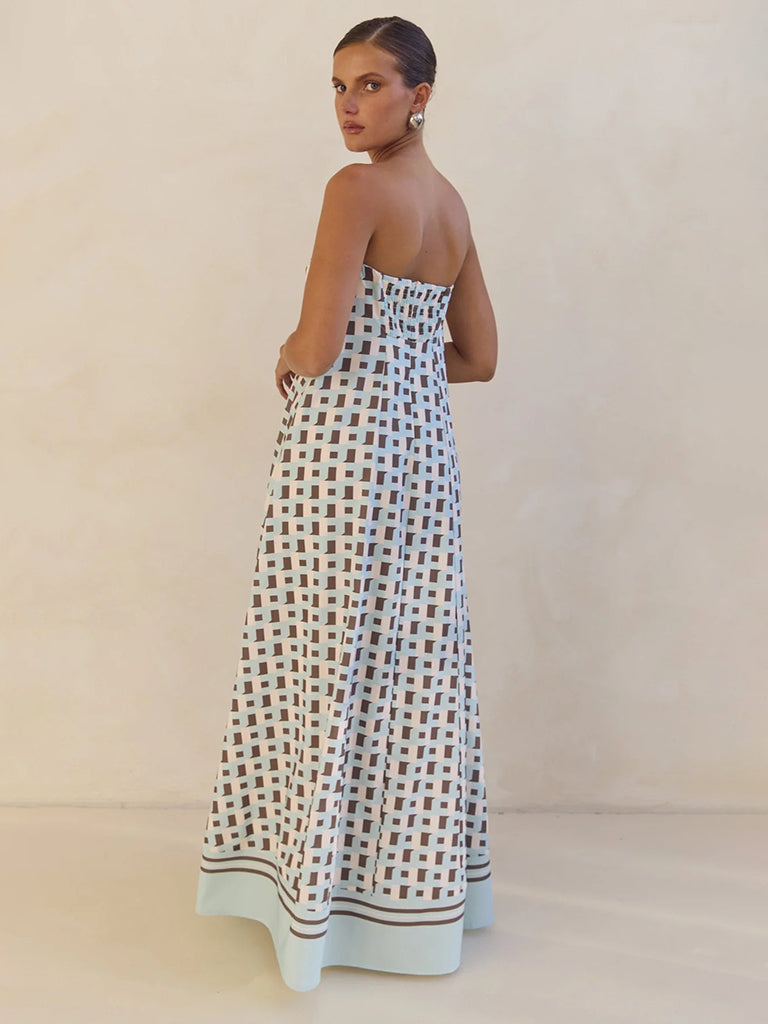 Tina's Strapless Off-shoulder Brown Checkered Print Floor Length Dress-TOPS / DRESSES-[Adult]-[Female]-2022 Online Blue Zone Planet