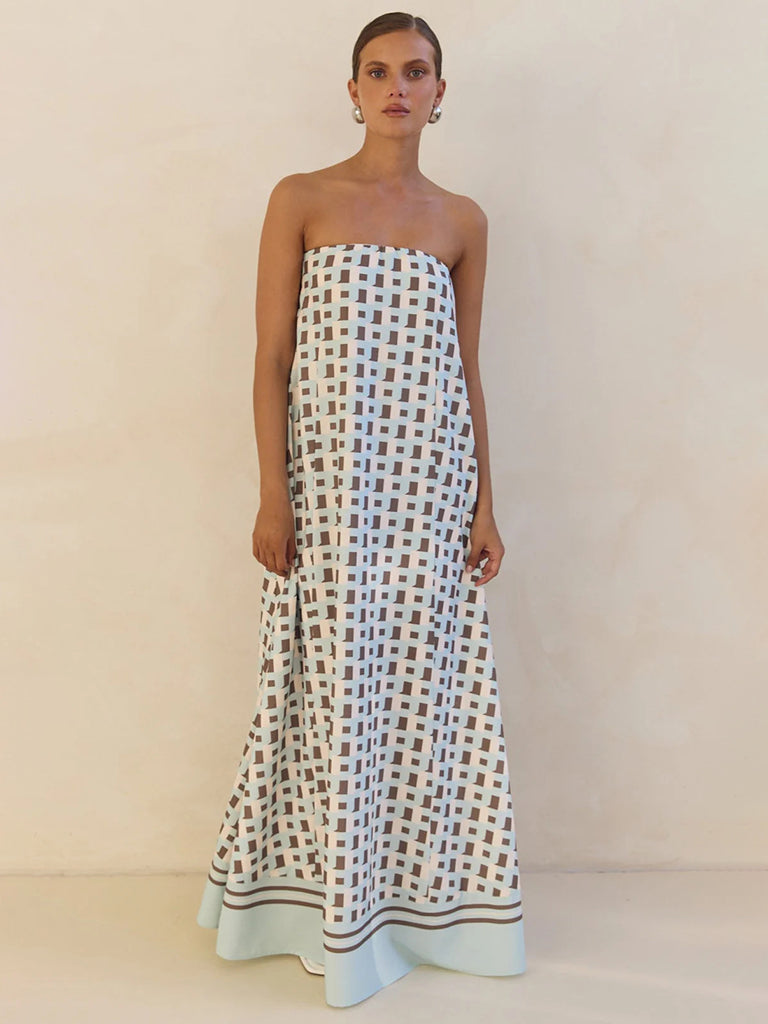 Tina's Strapless Off-shoulder Brown Checkered Print Floor Length Dress-TOPS / DRESSES-[Adult]-[Female]-2022 Online Blue Zone Planet