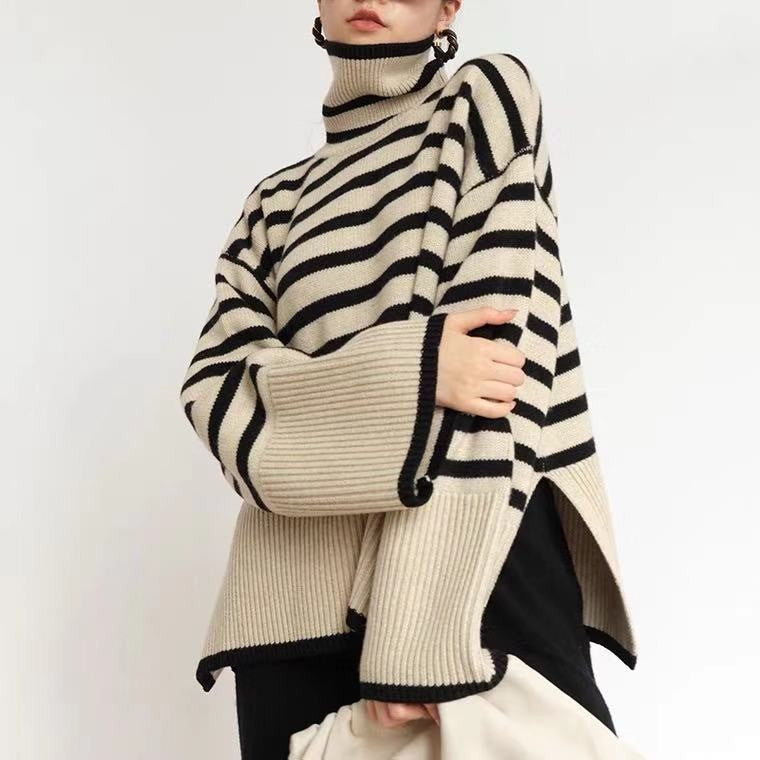 Women's high-end striped loose outer sweater-[Adult]-[Female]-Cracker khaki-F-2022 Online Blue Zone Planet