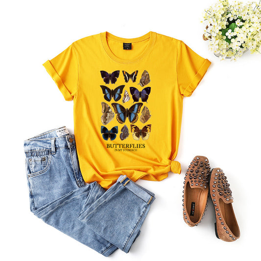 New women's butterfly T-shirt casual slim short sleeve versatile-[Adult]-[Female]-Yellow-XS-2022 Online Blue Zone Planet