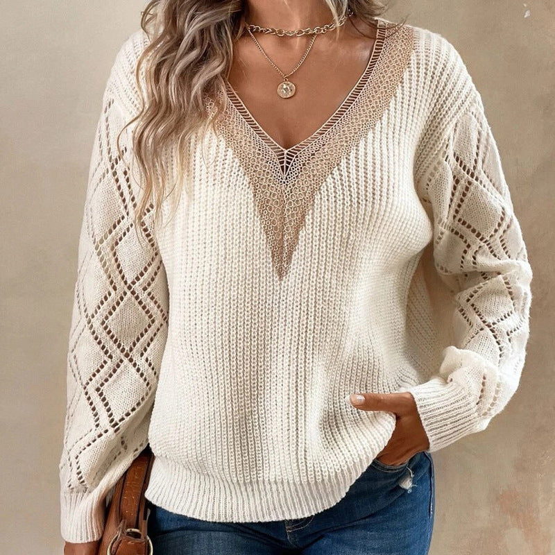 V-neck loose casual pullover women's sweater-[Adult]-[Female]-White-S-2022 Online Blue Zone Planet