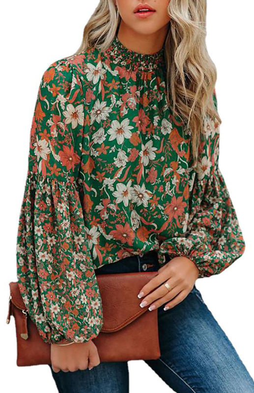 Ladies Fashion Print Lantern Long Sleeve Loose Shirt-TOPS / DRESSES-[Adult]-[Female]-Green-S-2022 Online Blue Zone Planet