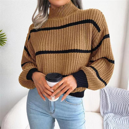 Striped Balloon Sleeve Turtleneck Sweater BLUE ZONE PLANET