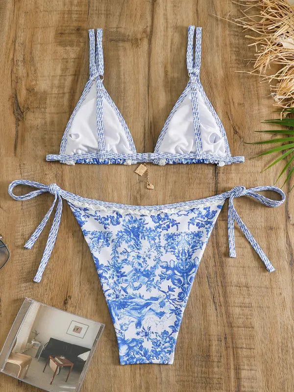 lace spaghetti straps lace-up two-piece bikini BLUE ZONE PLANET