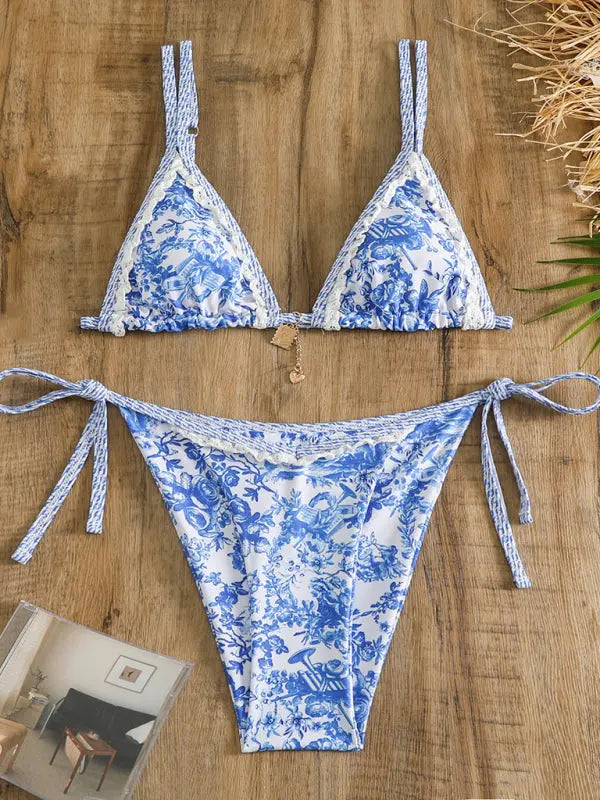 lace spaghetti straps lace-up two-piece bikini BLUE ZONE PLANET