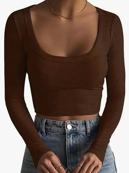 large round neck long-sleeved ultra-short slim fit navel-baring bottoming T-shirt top kakaclo