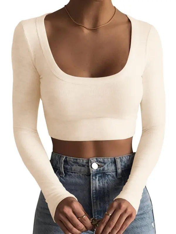 large round neck long-sleeved ultra-short slim fit navel-baring bottoming T-shirt top kakaclo