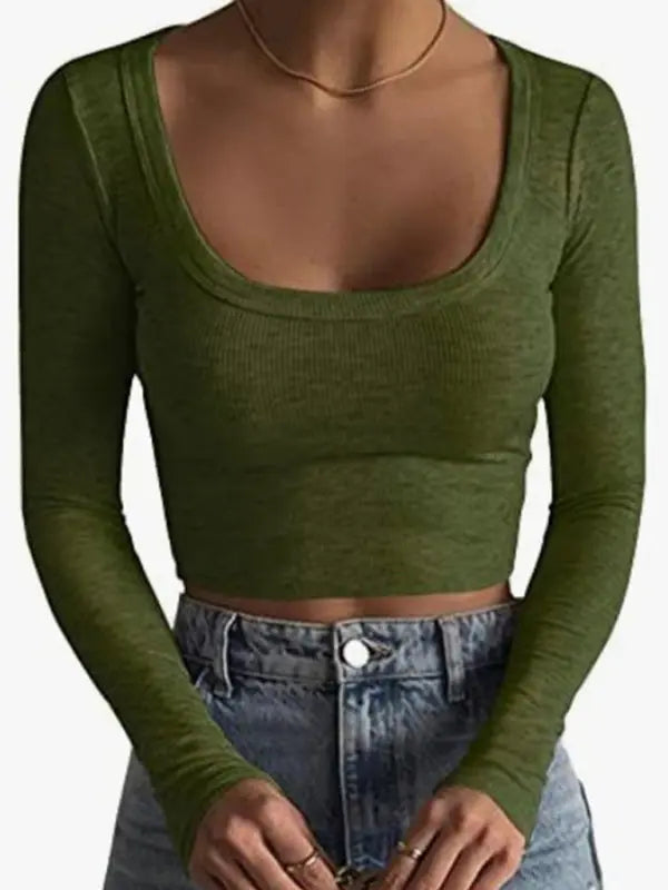 large round neck long-sleeved ultra-short slim fit navel-baring bottoming T-shirt top kakaclo