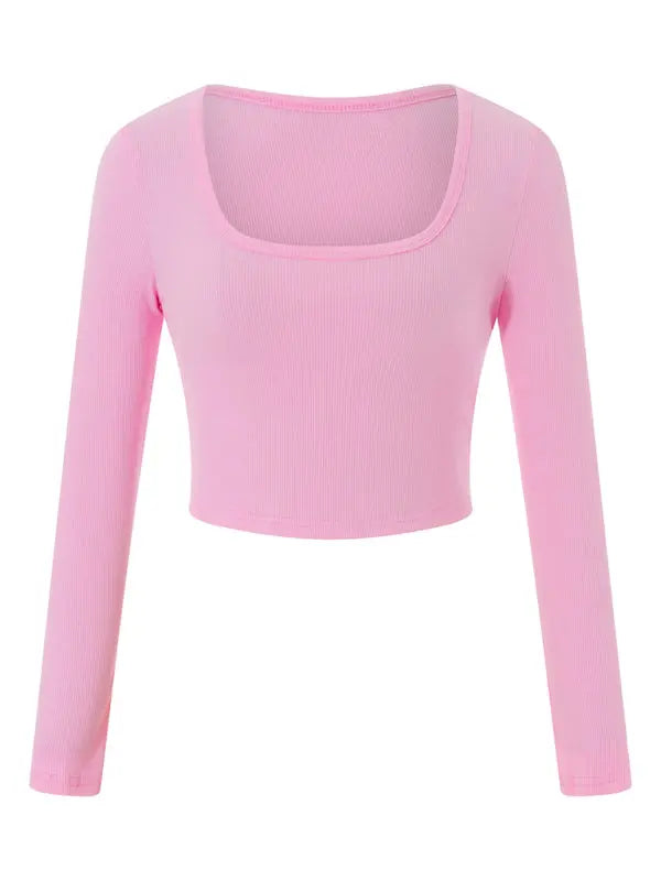 large round neck long-sleeved ultra-short slim fit navel-baring bottoming T-shirt top kakaclo