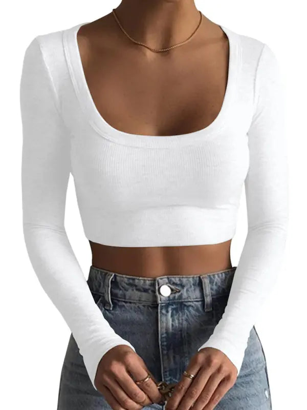 large round neck long-sleeved ultra-short slim fit navel-baring bottoming T-shirt top kakaclo