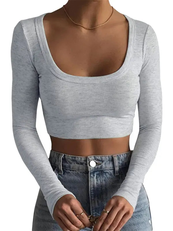 large round neck long-sleeved ultra-short slim fit navel-baring bottoming T-shirt top kakaclo