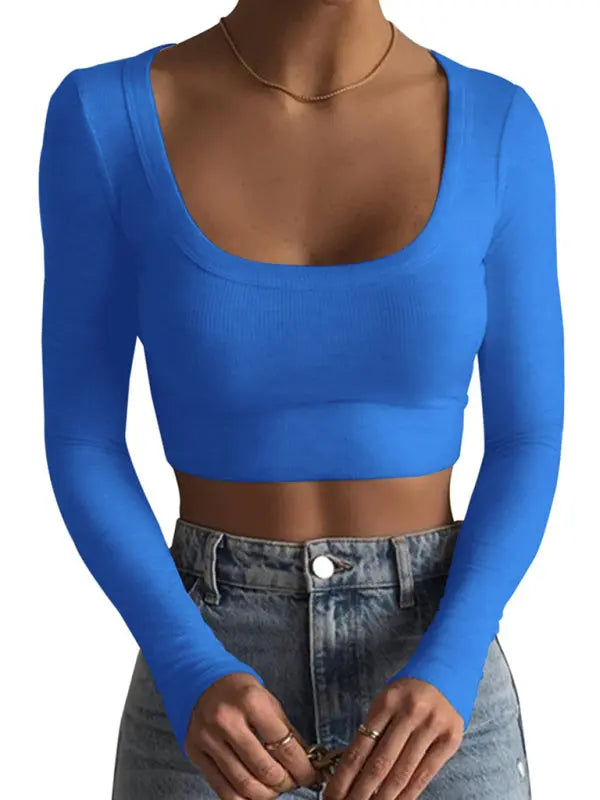 large round neck long-sleeved ultra-short slim fit navel-baring bottoming T-shirt top kakaclo