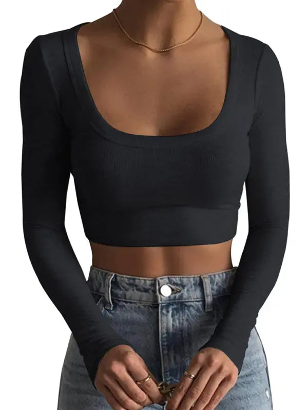 large round neck long-sleeved ultra-short slim fit navel-baring bottoming T-shirt top kakaclo