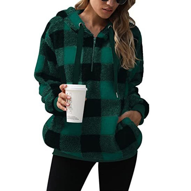 Blue Zone Planet |  Long sleeve hooded plaid plush sweatshirt BLUE ZONE PLANET