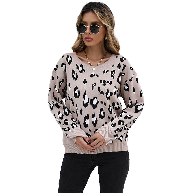 Blue Zone Planet | women's new loose leopard print long sleeve sweater-TOPS / DRESSES-[Adult]-[Female]-Khaki-S-2022 Online Blue Zone Planet