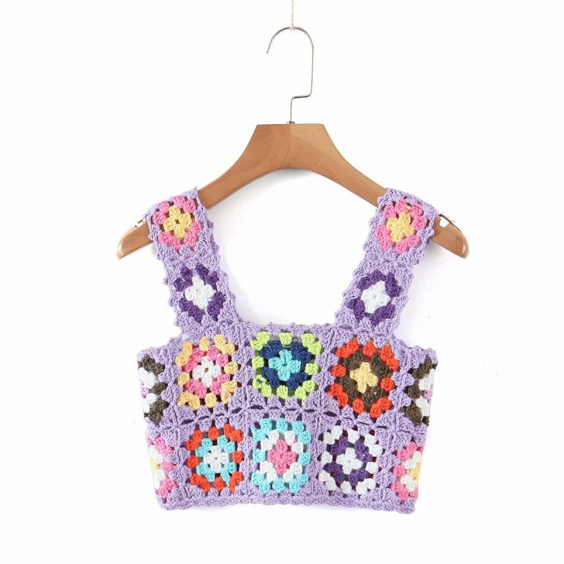 able Square Neck Sleeveless Short Sleeve Crochet Hollow Vest-[Adult]-[Female]-Purple-FREESIZE-2022 Online Blue Zone Planet