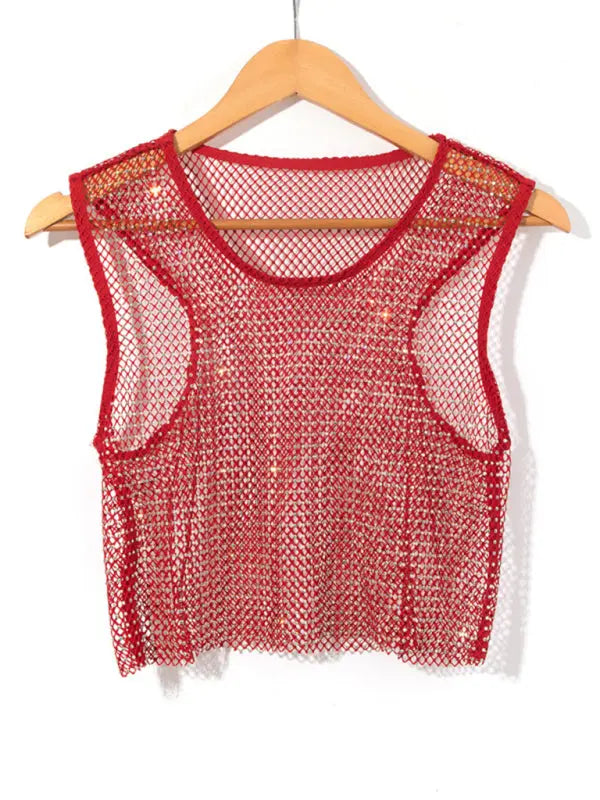 mesh flash diamond fishnet vest nightclub perspective hot girl T-shirt top kakaclo